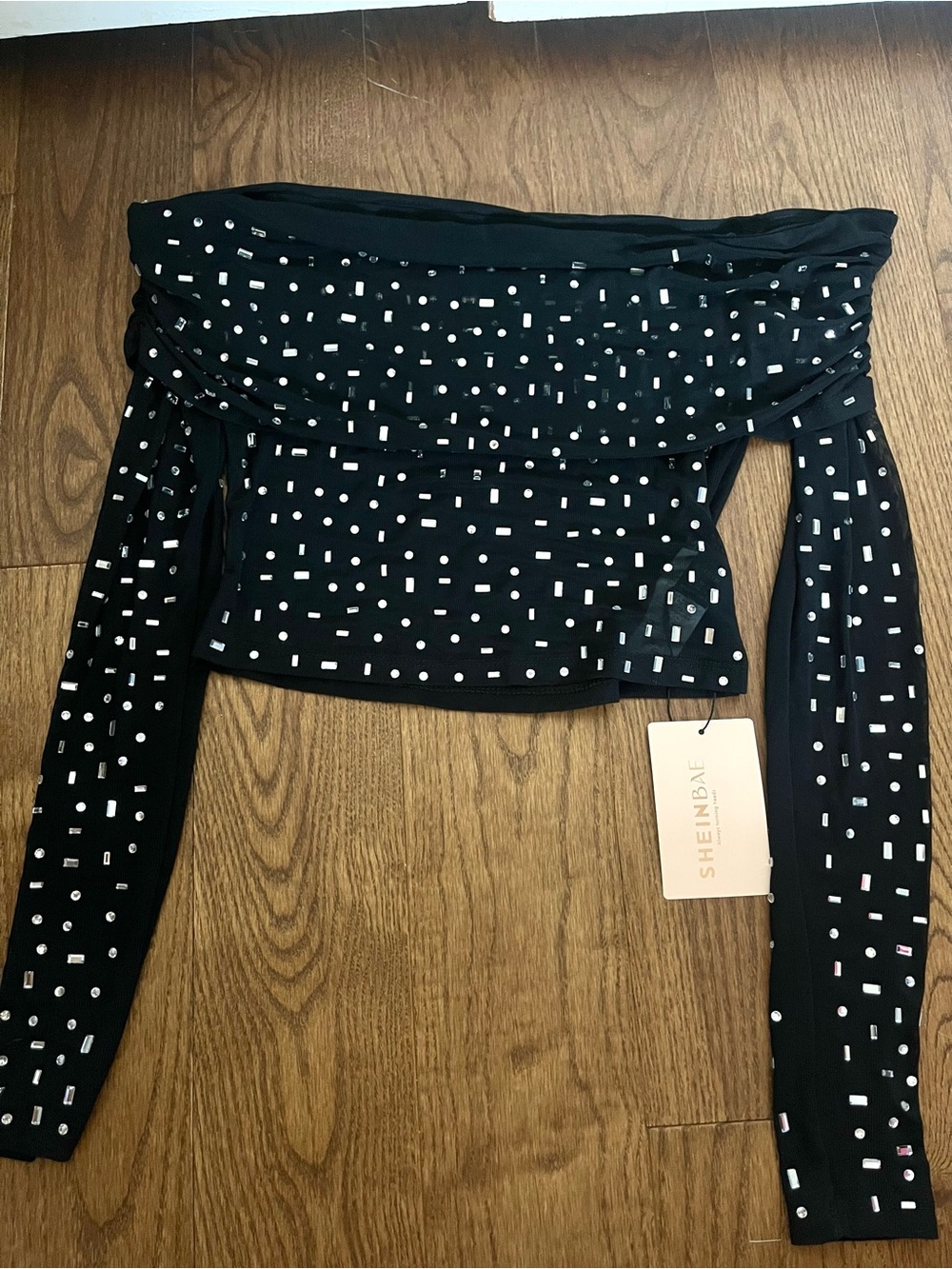 SHEIN Black Off-Shoulder Rhinestone Kids Top